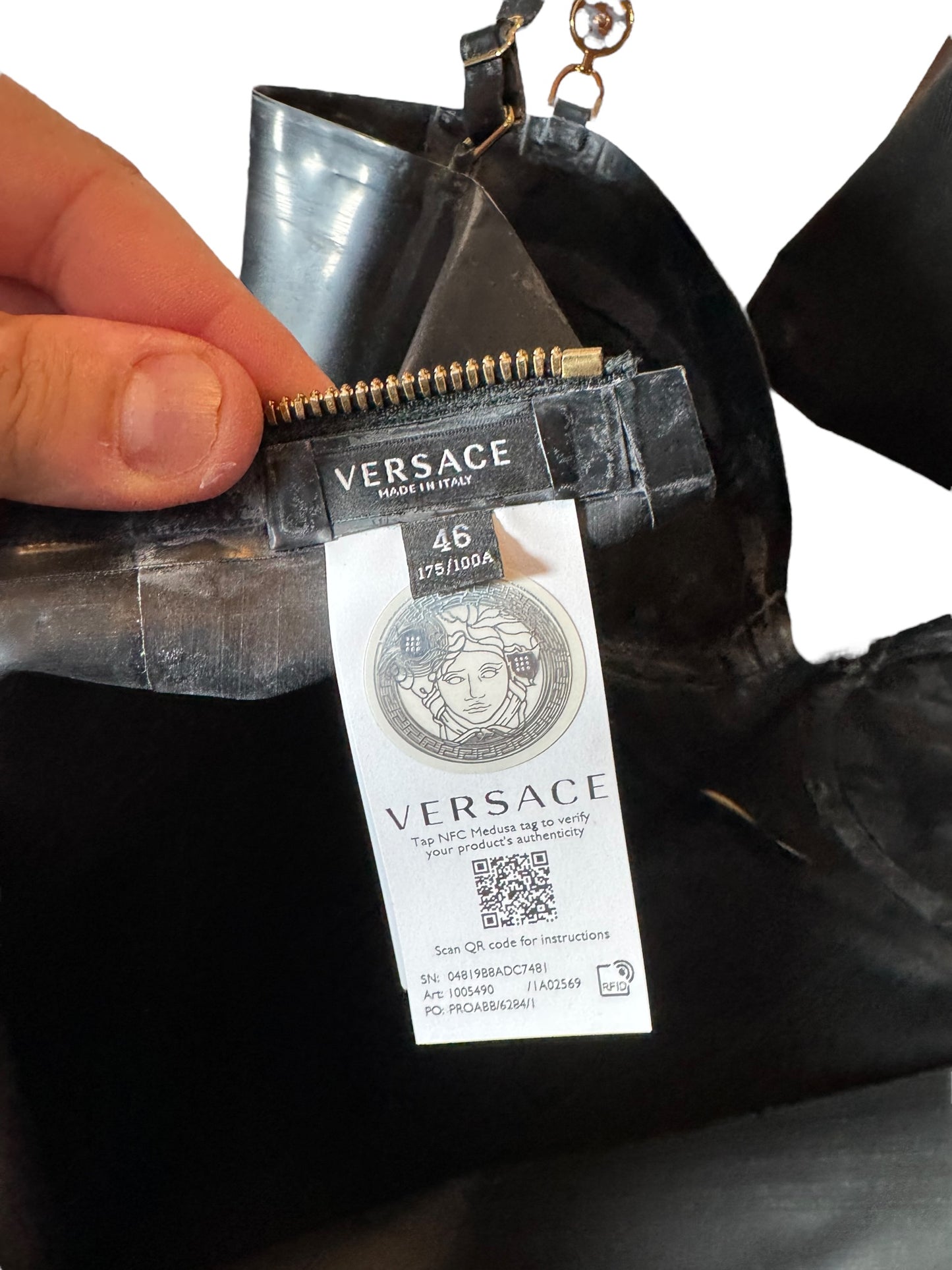 Versace abito in lattice naturale nero con zip frontale e dettagli Medusa – Taglia 46 IT
