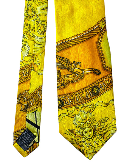 Cravatta vintage Gianni Versace oro barocco con orologi e angeli – 100% seta Made in Italy