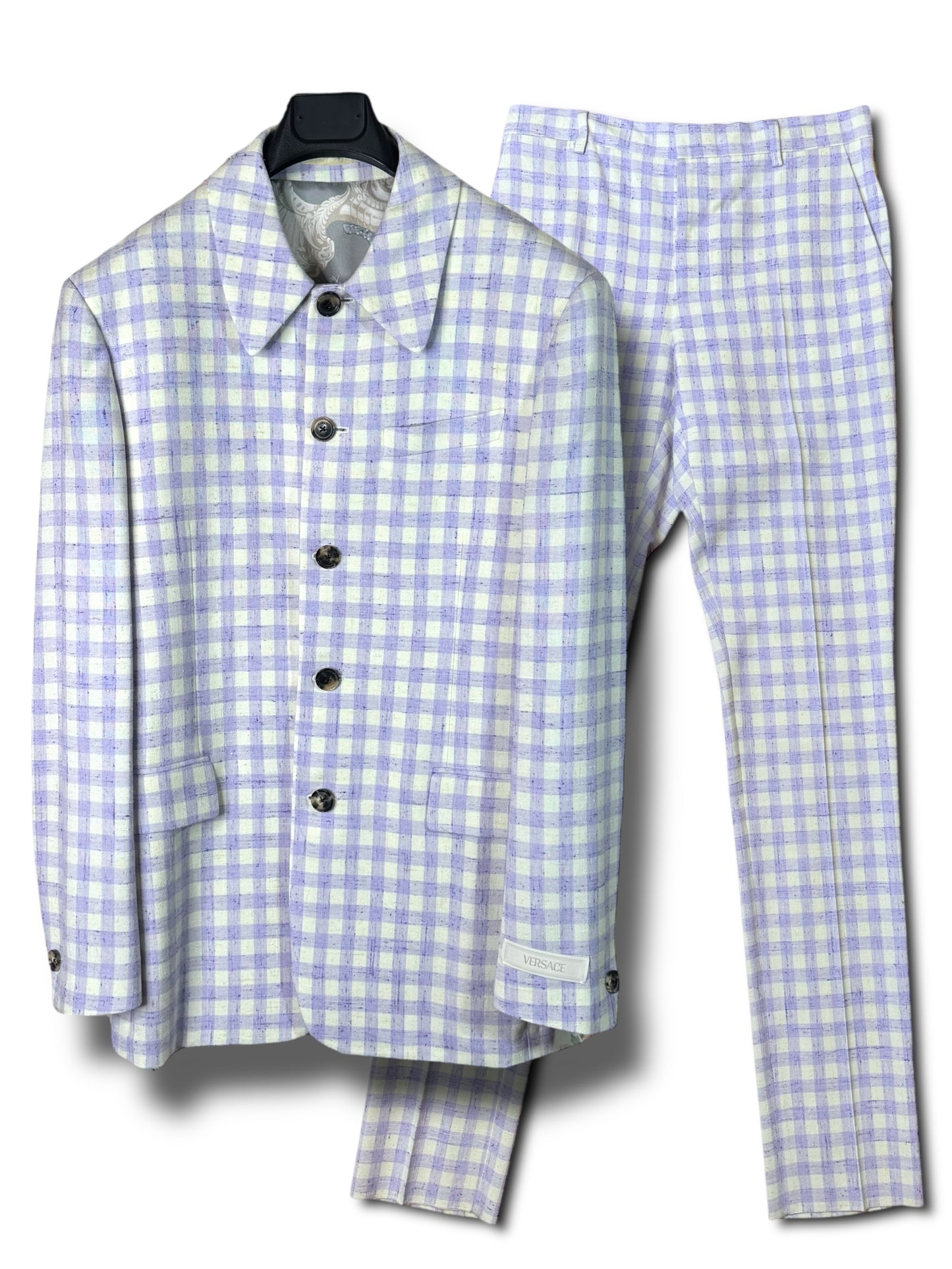 Versace completo uomo giacca e pantalone a quadri lilla/avorio Tg. 48 Made in Italy