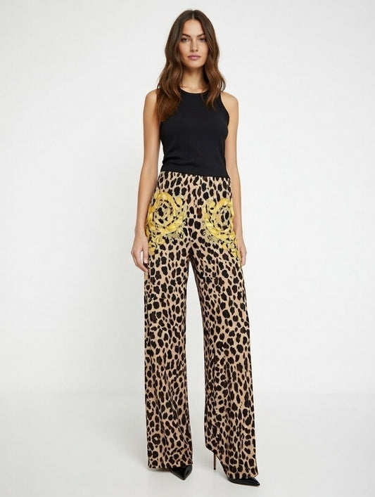 Pantaloni Versace leopardati con stampa barocca oro taglia 42