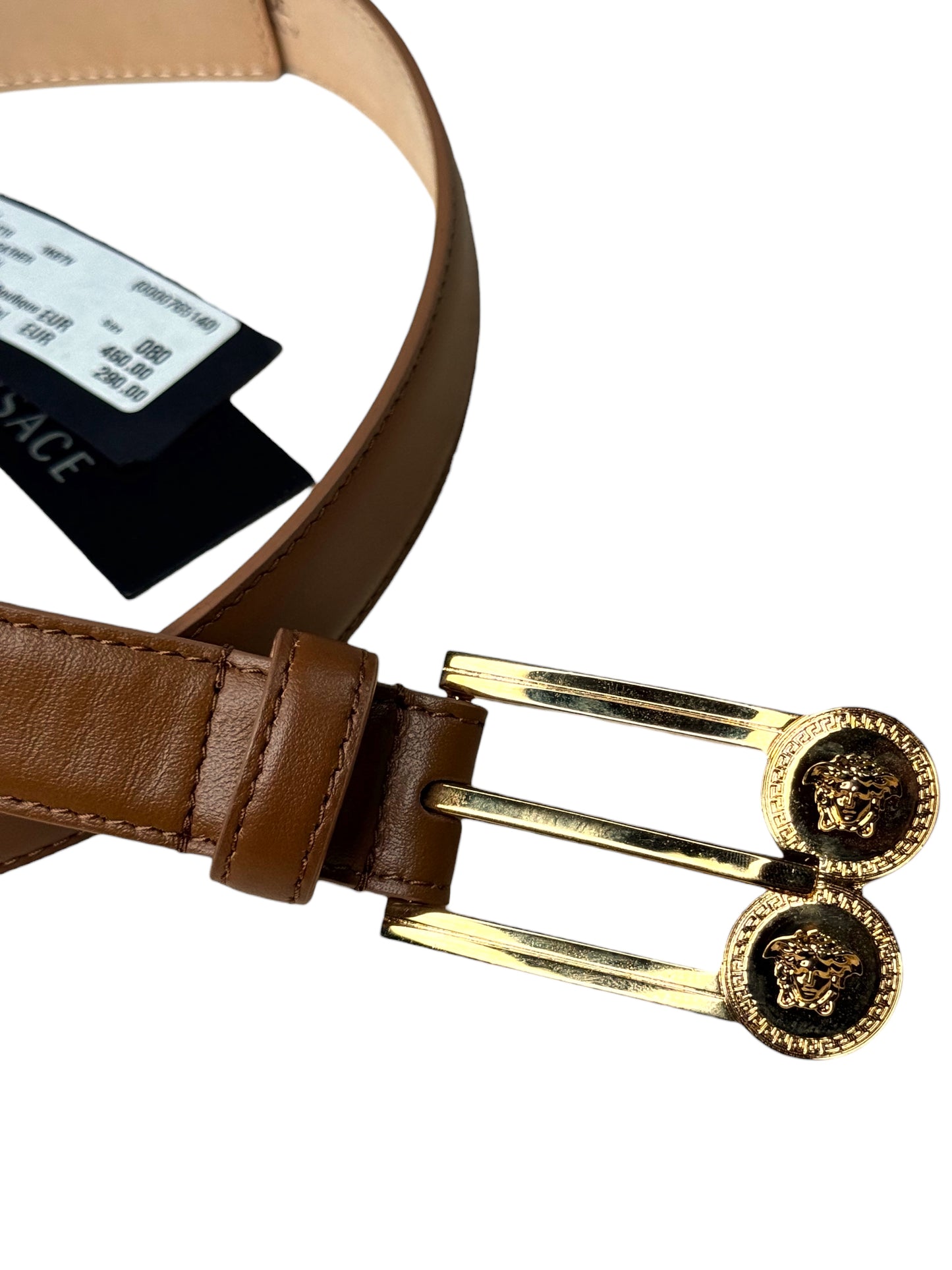 Cintura Versace marrone in pelle con doppia Medusa oro, misura 80