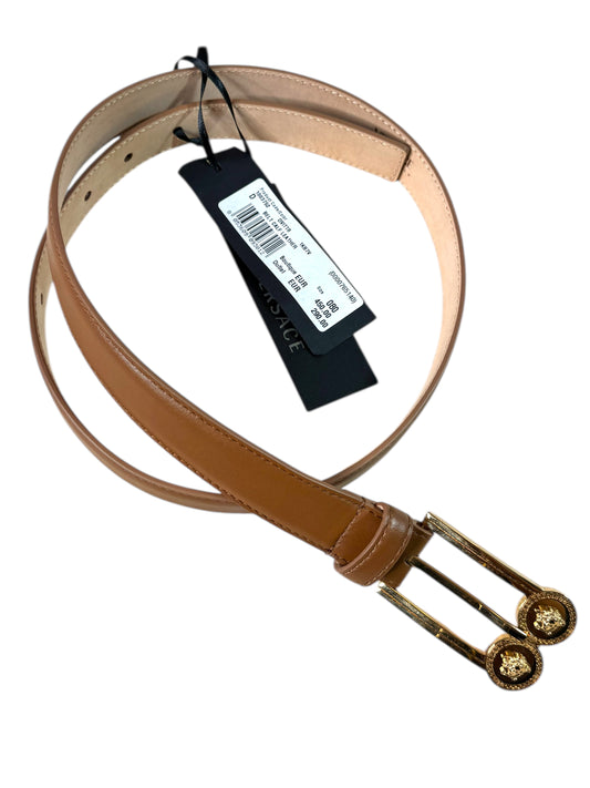 Cintura Versace marrone in pelle con doppia Medusa oro, misura 80