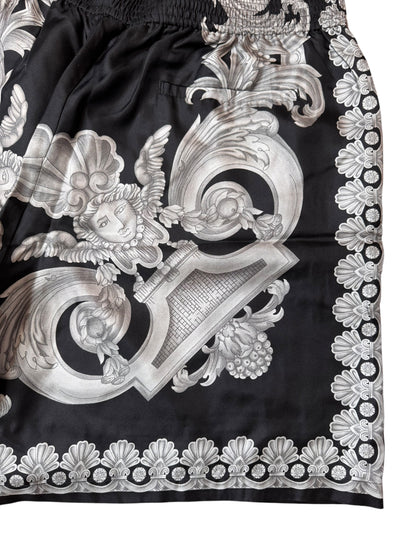 Shorts Versace in seta stampa barocca nero e argento, nuovi con cartellino