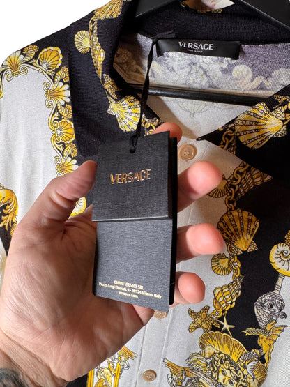 Camicia Versace in seta a maglia stampa barocca marina Made in Italy