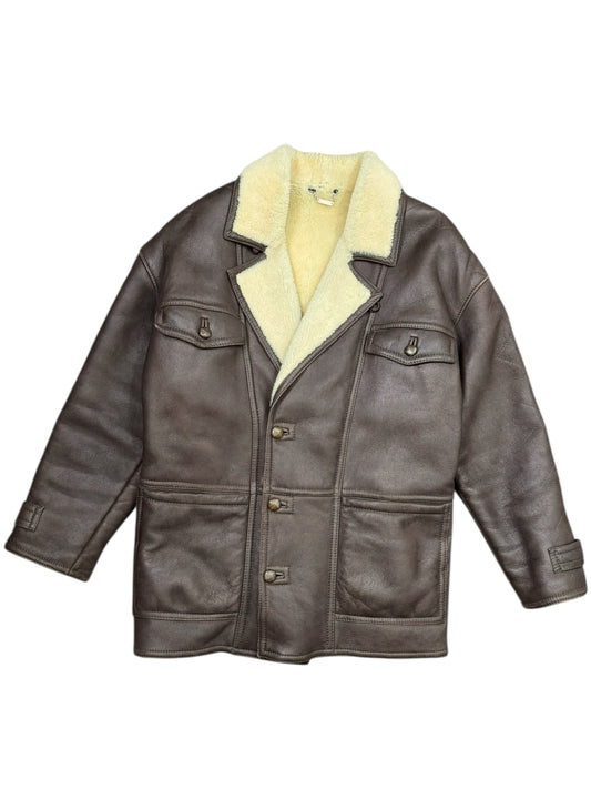 Giacca montone shearling vera pelle marrone vintage uomo - taglia XL