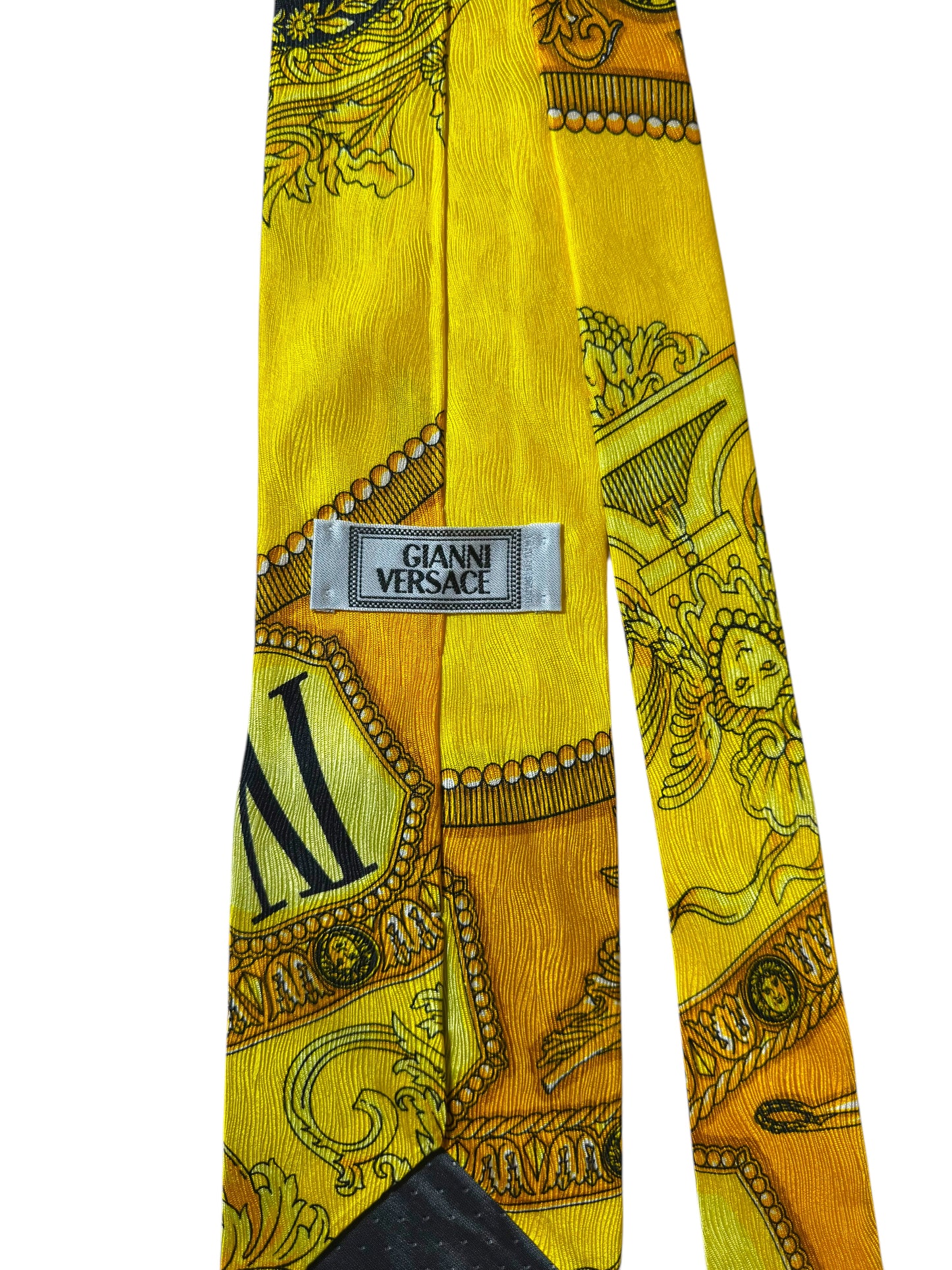Cravatta vintage Gianni Versace oro barocco con orologi e angeli – 100% seta Made in Italy