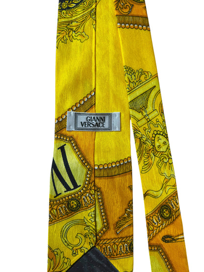Cravatta vintage Gianni Versace oro barocco con orologi e angeli – 100% seta Made in Italy