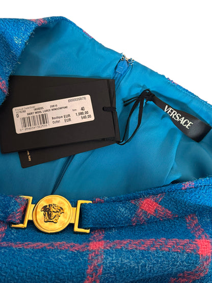 Versace Gonna in Lana Vergine Check Blu con fibbia Medusa Oro