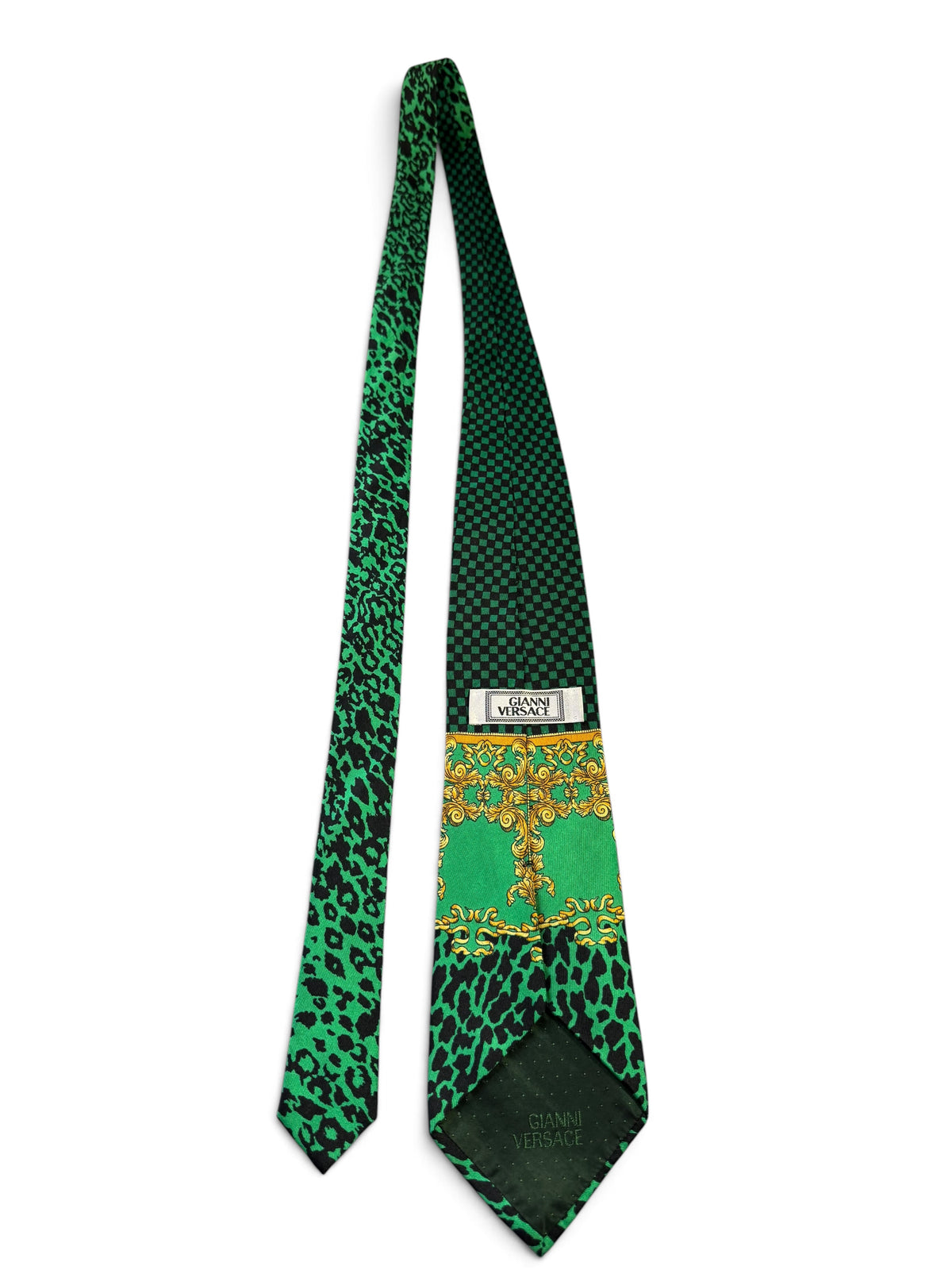 Cravatta Gianni Versace in seta verde stampa animalier Medusa Made in Italy