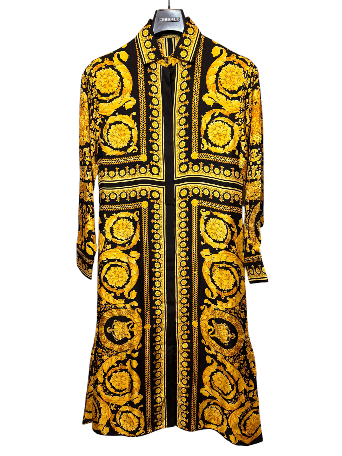 Abito camicia Versace Tribute Baroque SS 1992 seta nera oro tg 36