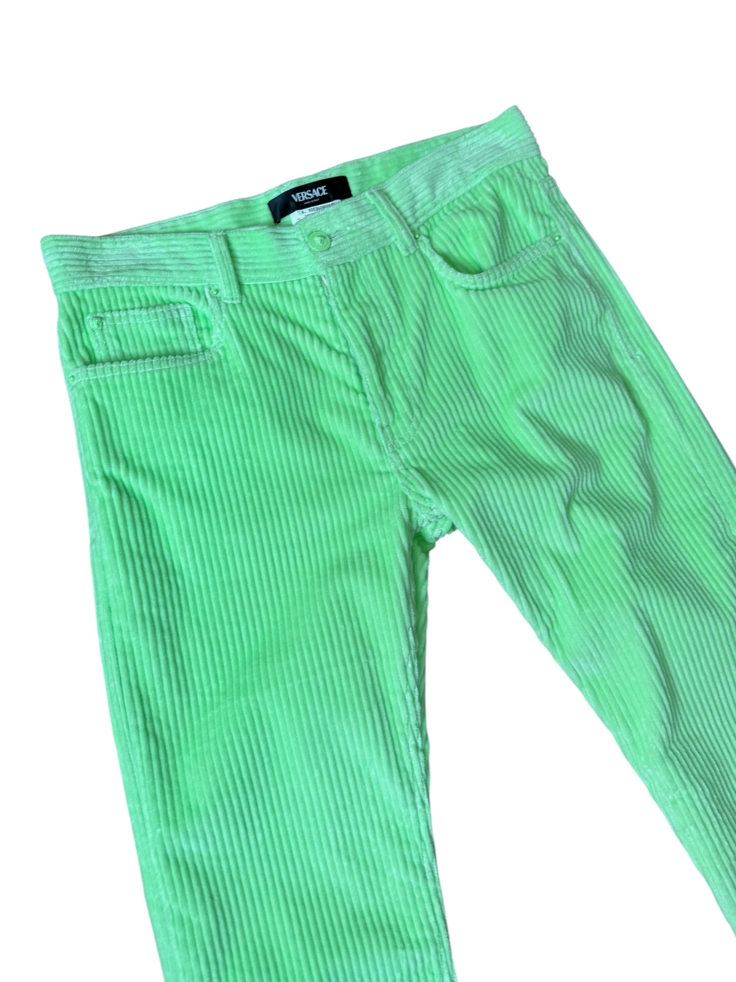 Versace completo giacca e pantaloni in velluto a coste verde lime Made In Italy.