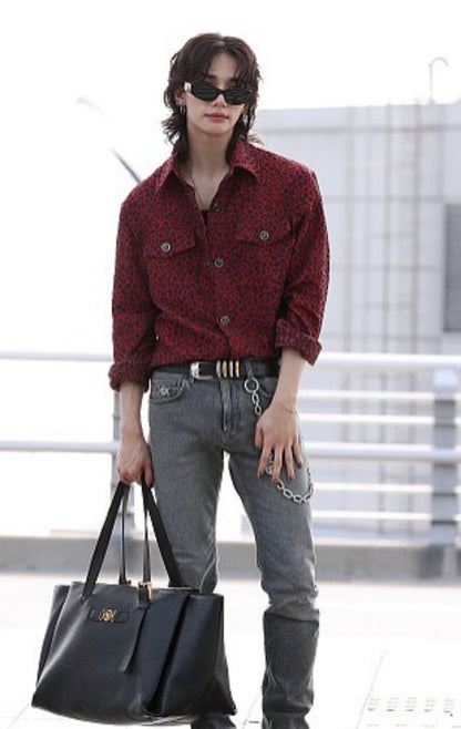 Giacca camicia Versace leopardata rosso/nero in cotone jacquard
