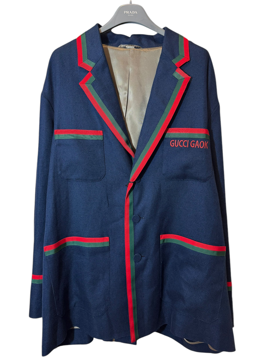 Giacca Blazer Gucci in lino blu con Web stripe e ricamo