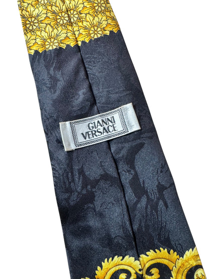 Cravatta Gianni Versace vintage seta nera oro con Medusa e motivo leopardato