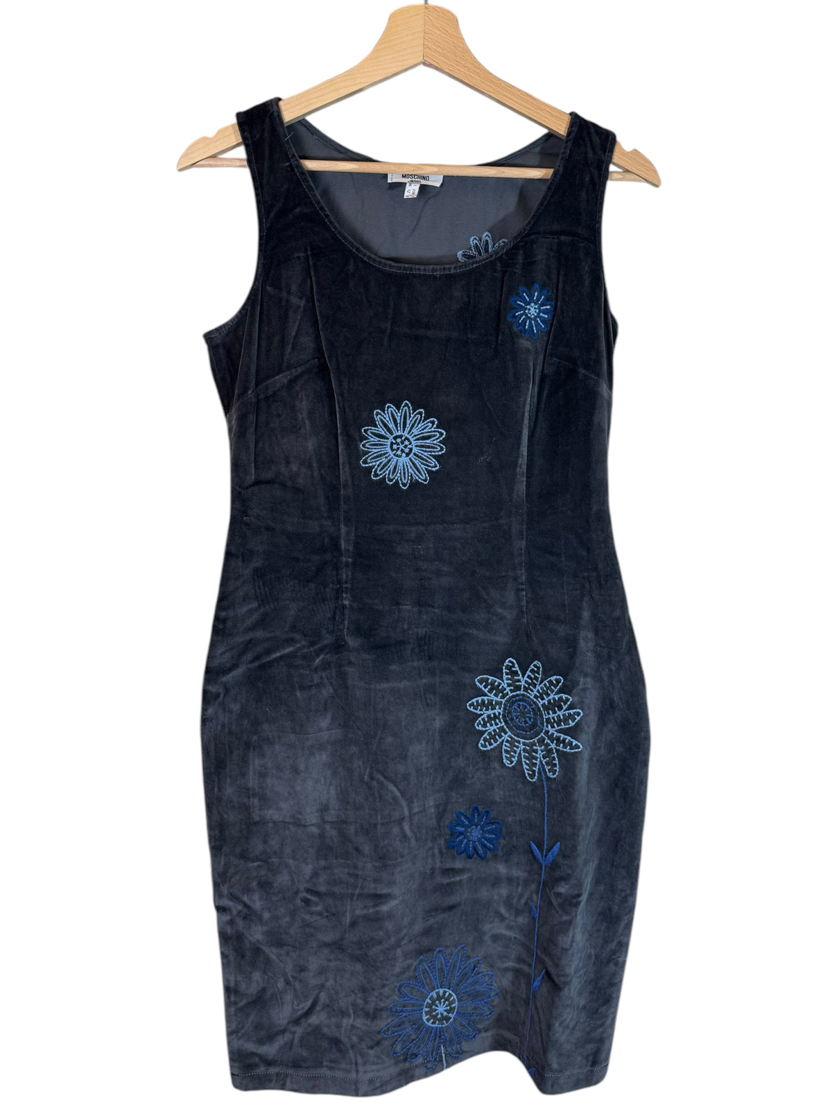 MOSCHINO JEANS - Abito Vintage in Velluto con Ricami Floreali Blu