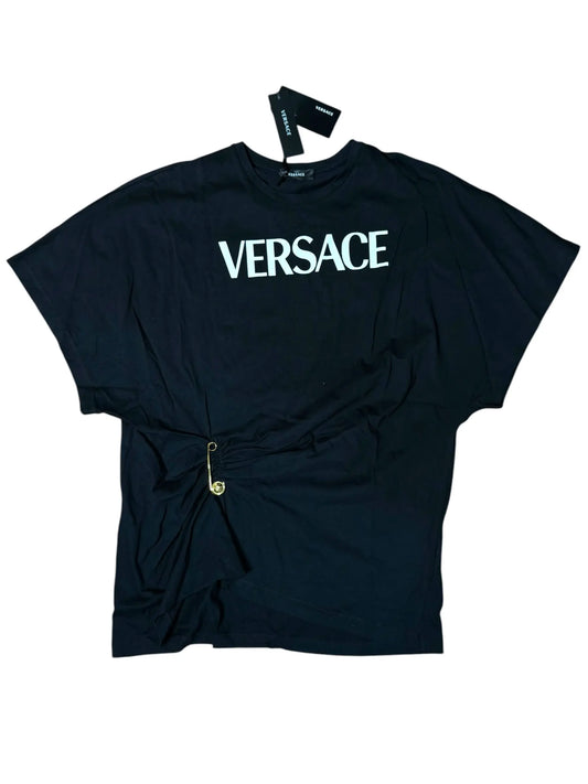 T-shirt Versace nera logo bianco con spilla taglia 38 oversize