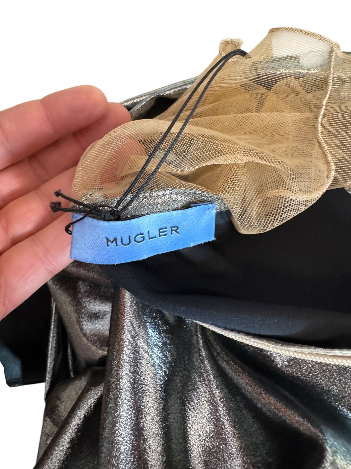 Mugler abito mini asimmetrico chrome silver, taglia 32 FR (36 IT – XXS)