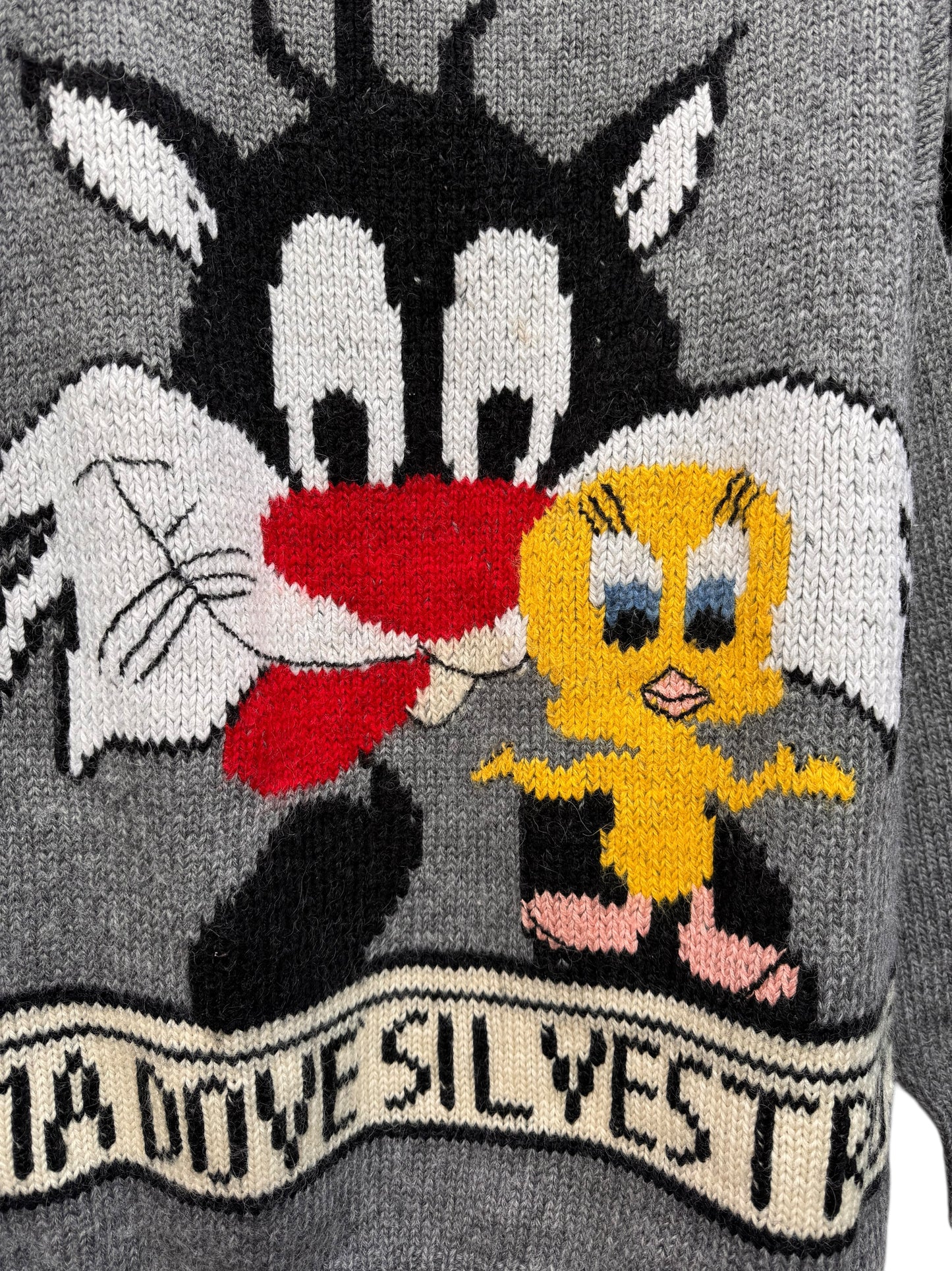 Maglione vintage lana grigio Sylvester & Tweety ricamo frontale - taglia L
