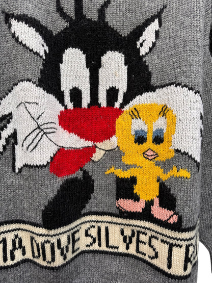 Maglione vintage lana grigio Sylvester & Tweety ricamo frontale - taglia L