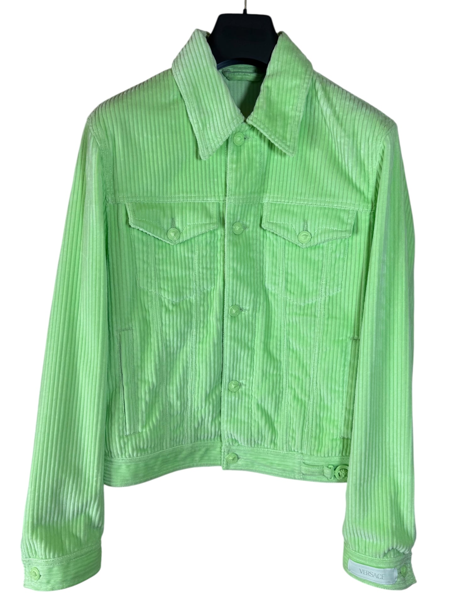 Versace completo giacca e pantaloni in velluto a coste verde lime Made In Italy.