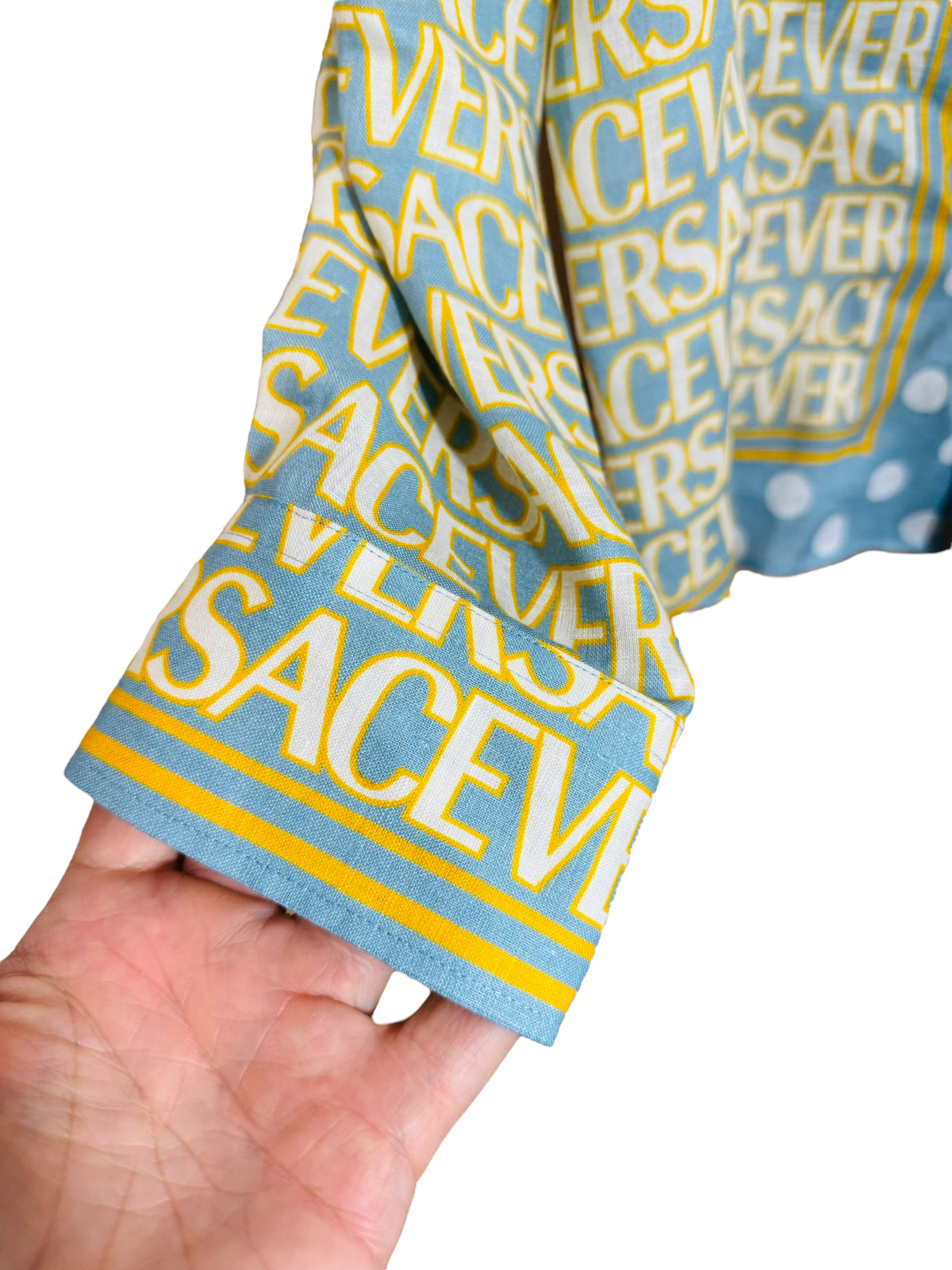 Camicia Versace heritage fit in lino stampa barocco e logo all over azzurro taglia L — foto 4