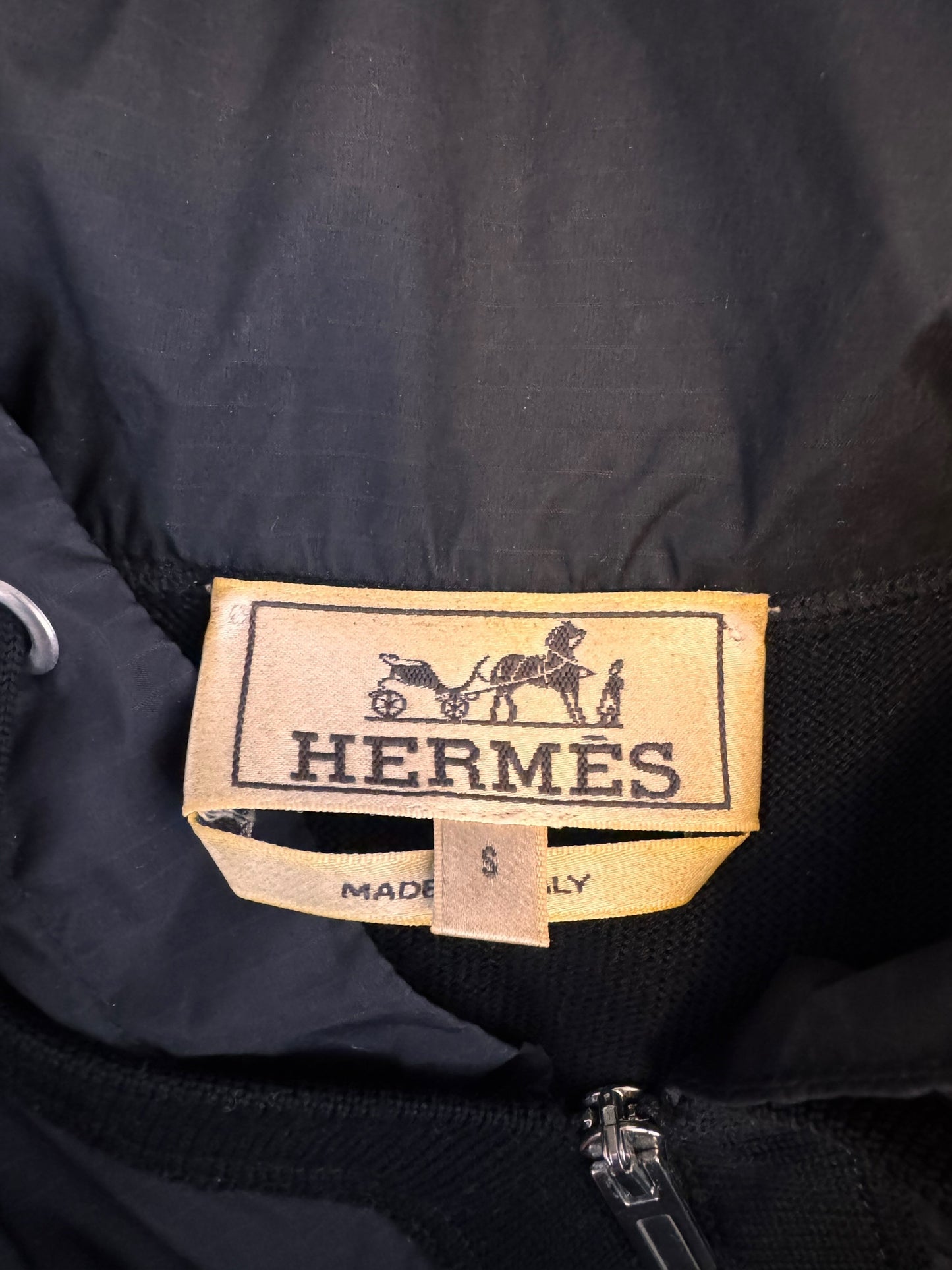 Hermès giacca con cappuccio lana e inserti tessuto tecnico nera zip frontale S — foto 9