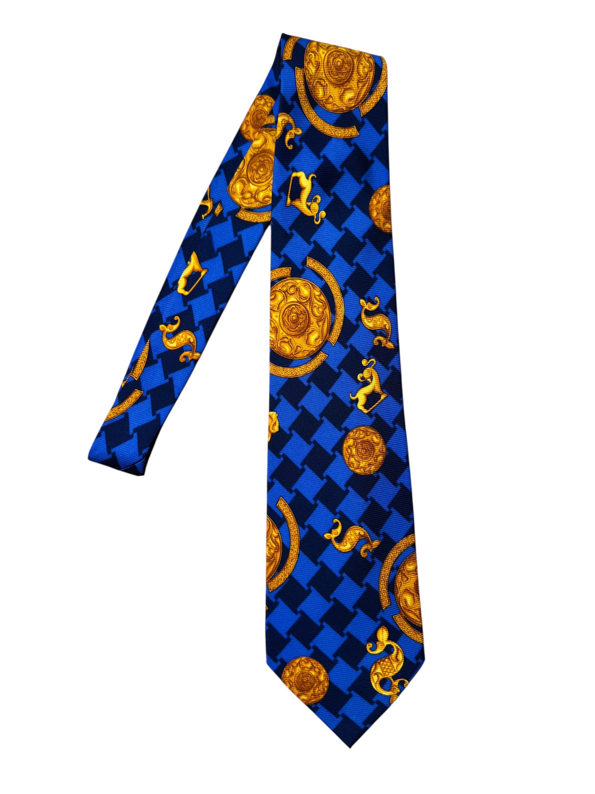Cravatta Gianni Versace Vintage Seta Blu Meduse e Motivi Barocchi Oro