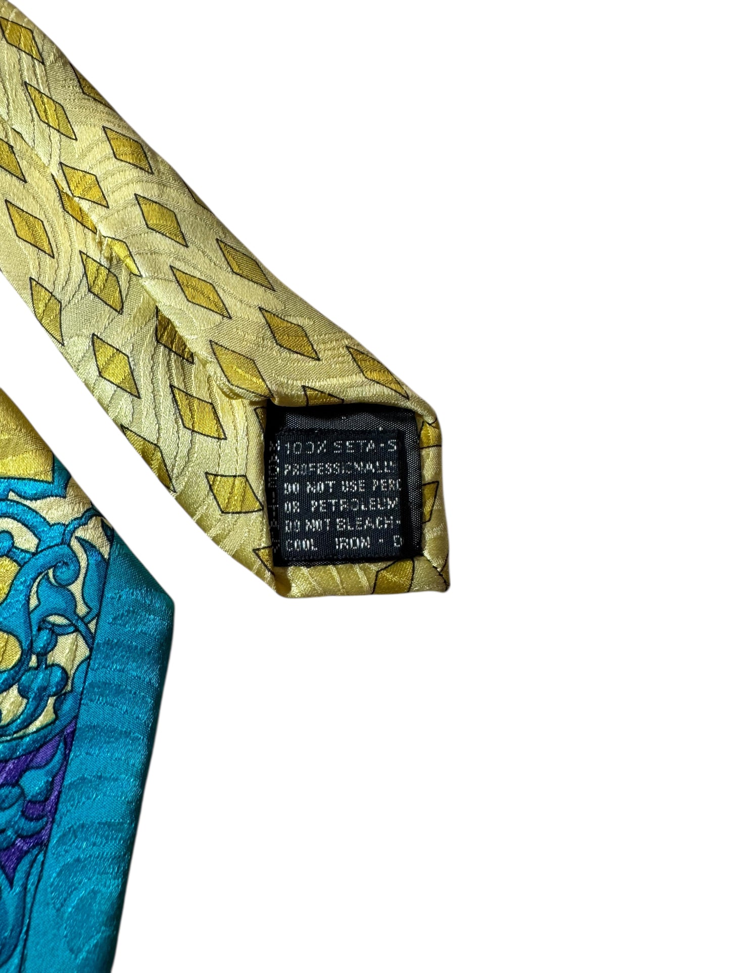 Cravatta Gianni Versace vintage seta stampa barocca giallo viola turchese