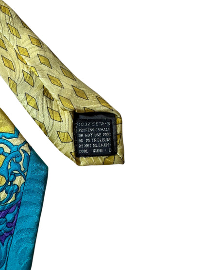 Cravatta Gianni Versace vintage seta stampa barocca giallo viola turchese