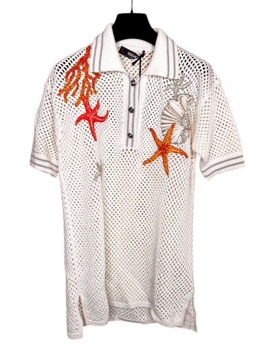 Versace polo traforata in cotone con ricami coralli Made in Italy taglia 36
