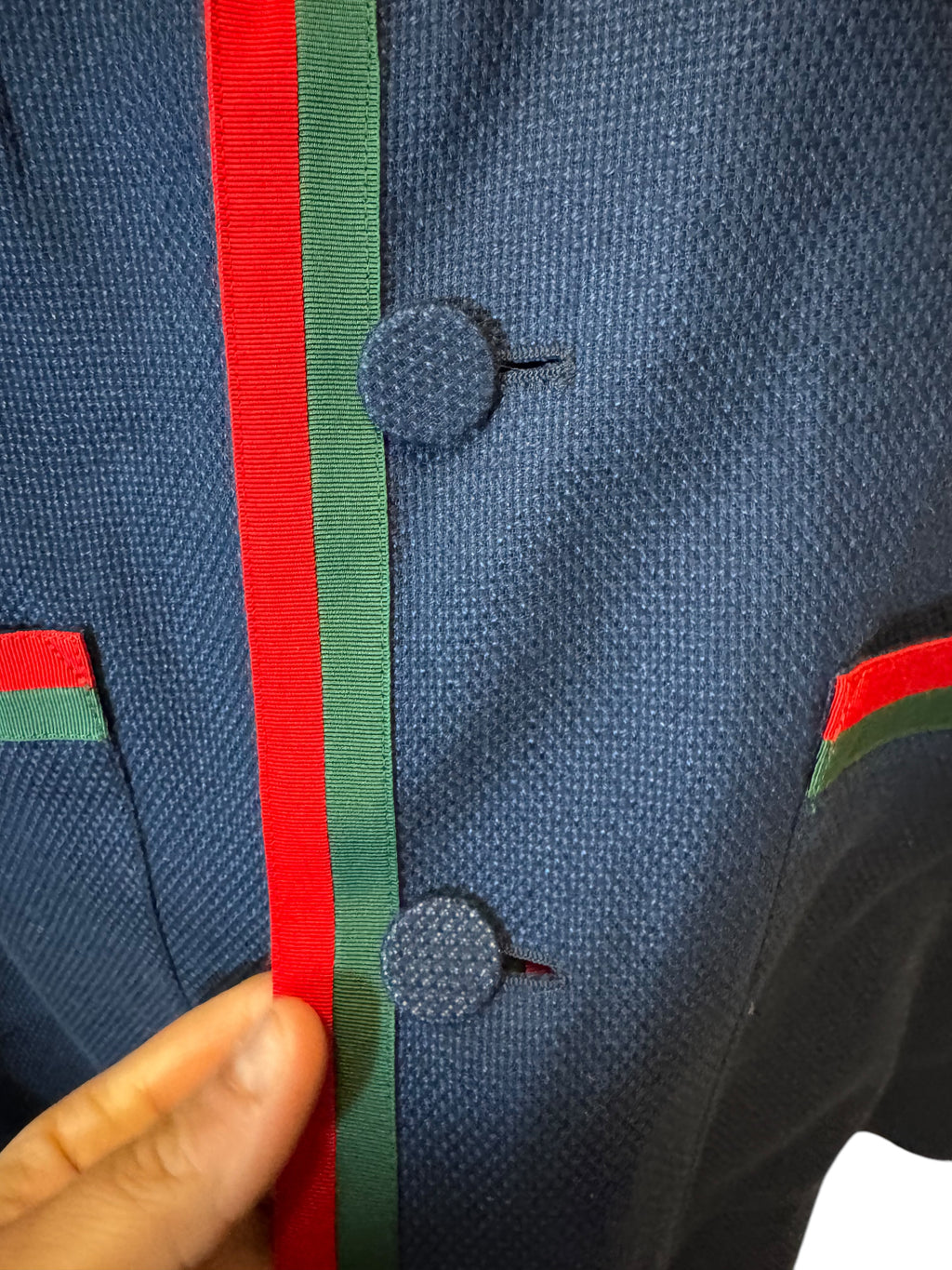 Giacca Blazer Gucci in lino blu con Web stripe e ricamo — foto 8