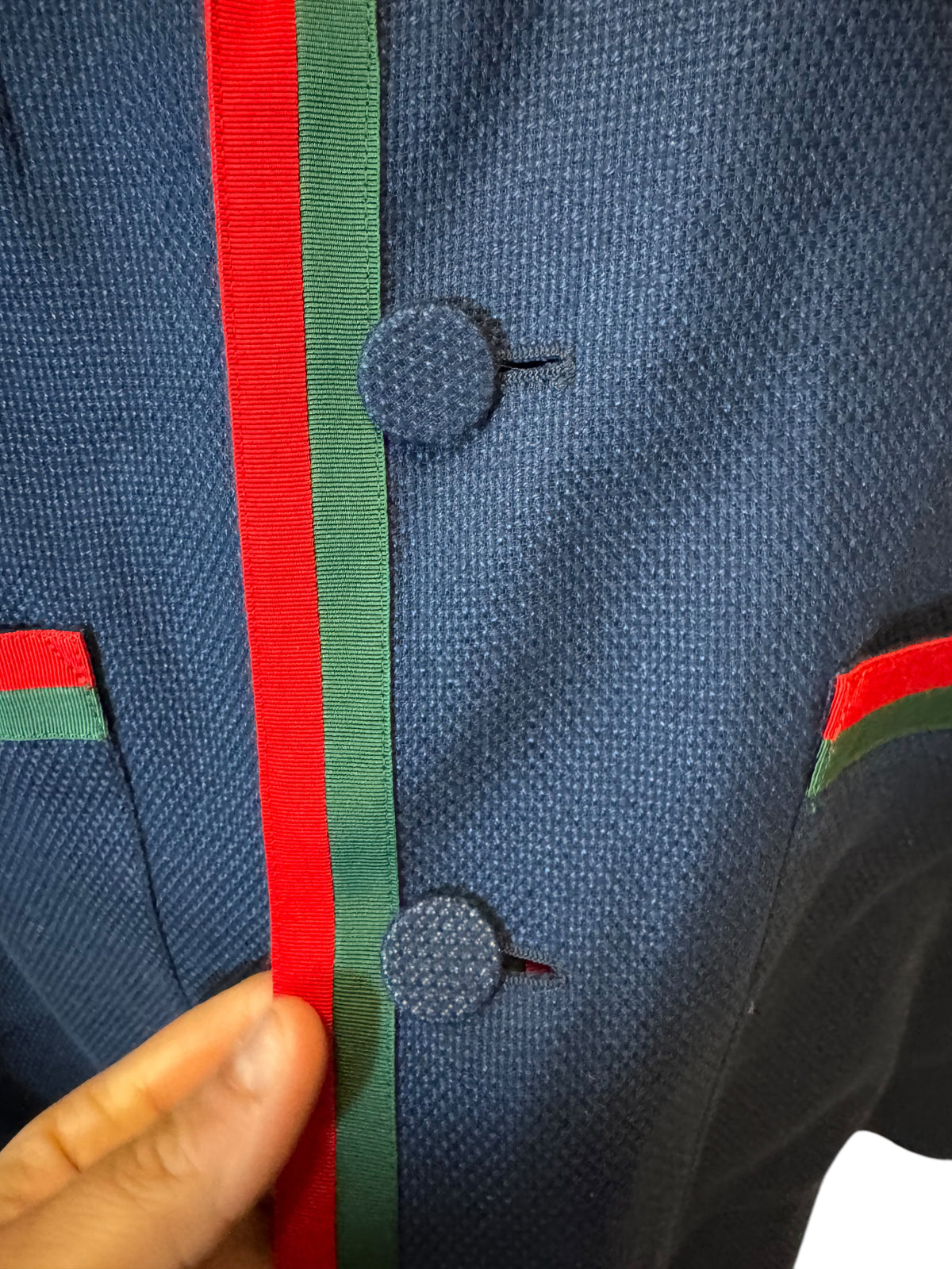 Giacca Blazer Gucci in lino blu con Web stripe e ricamo — foto 8