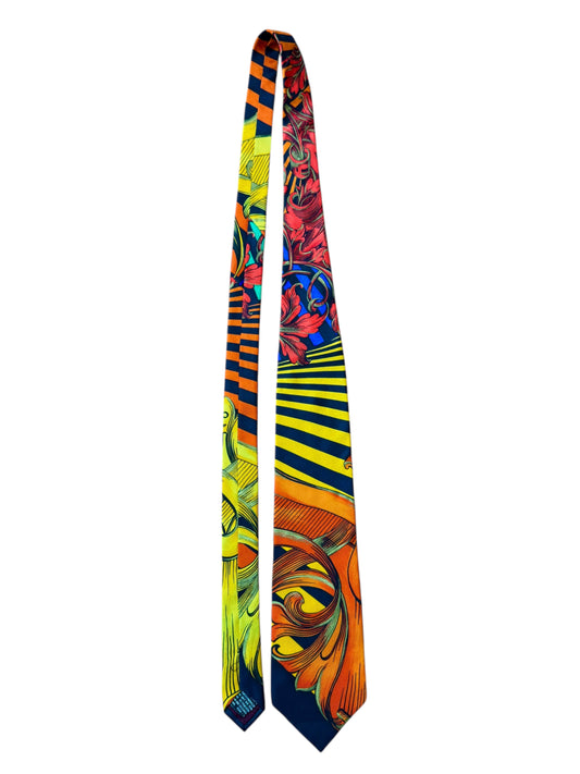 Cravatta vintage Gianni Versace seta multicolor a righe e motivi barocchi