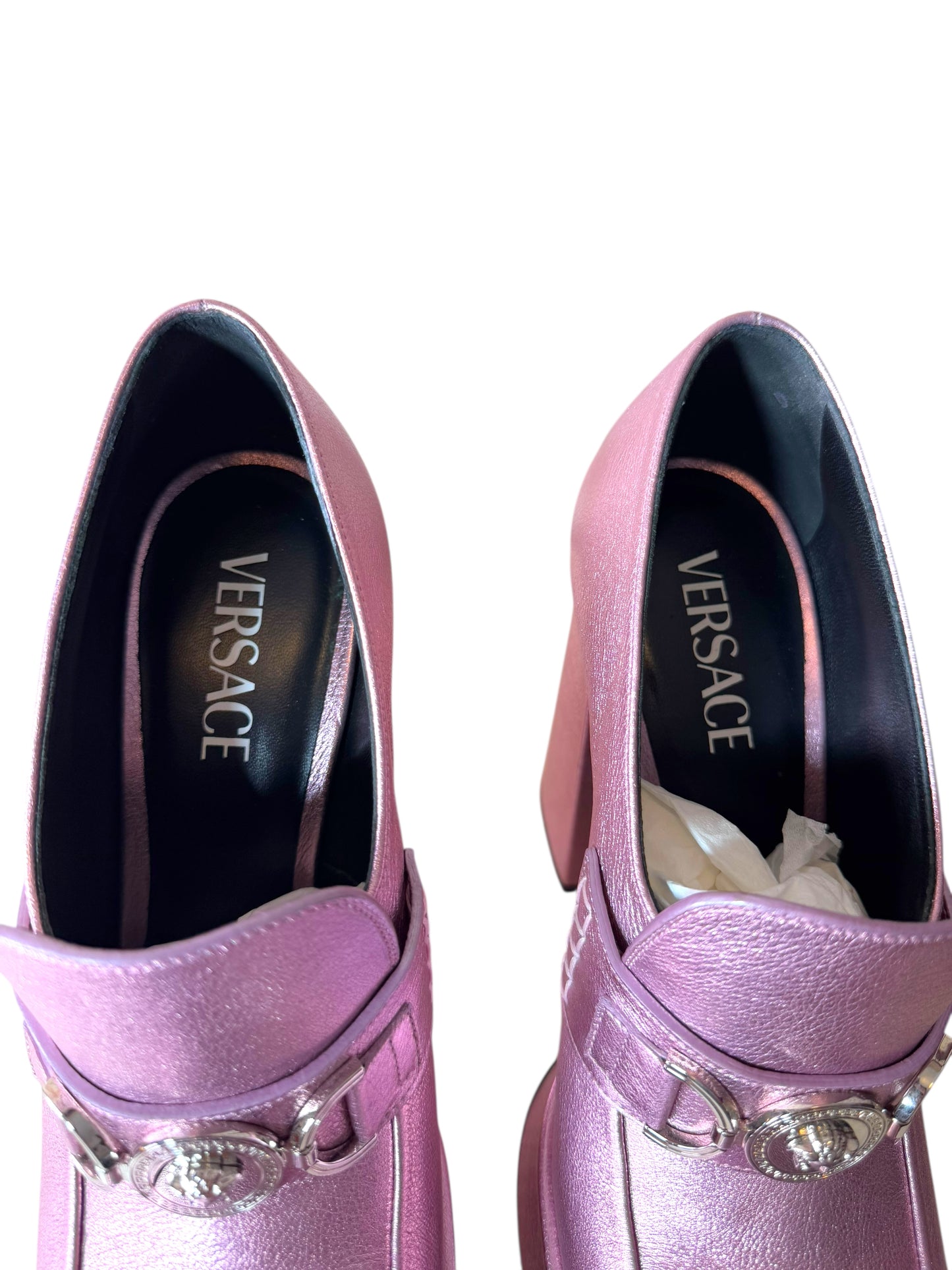 Versace Décolleté Donna Rosa Metallico con Plateau e Tacco Alto – Taglia 39