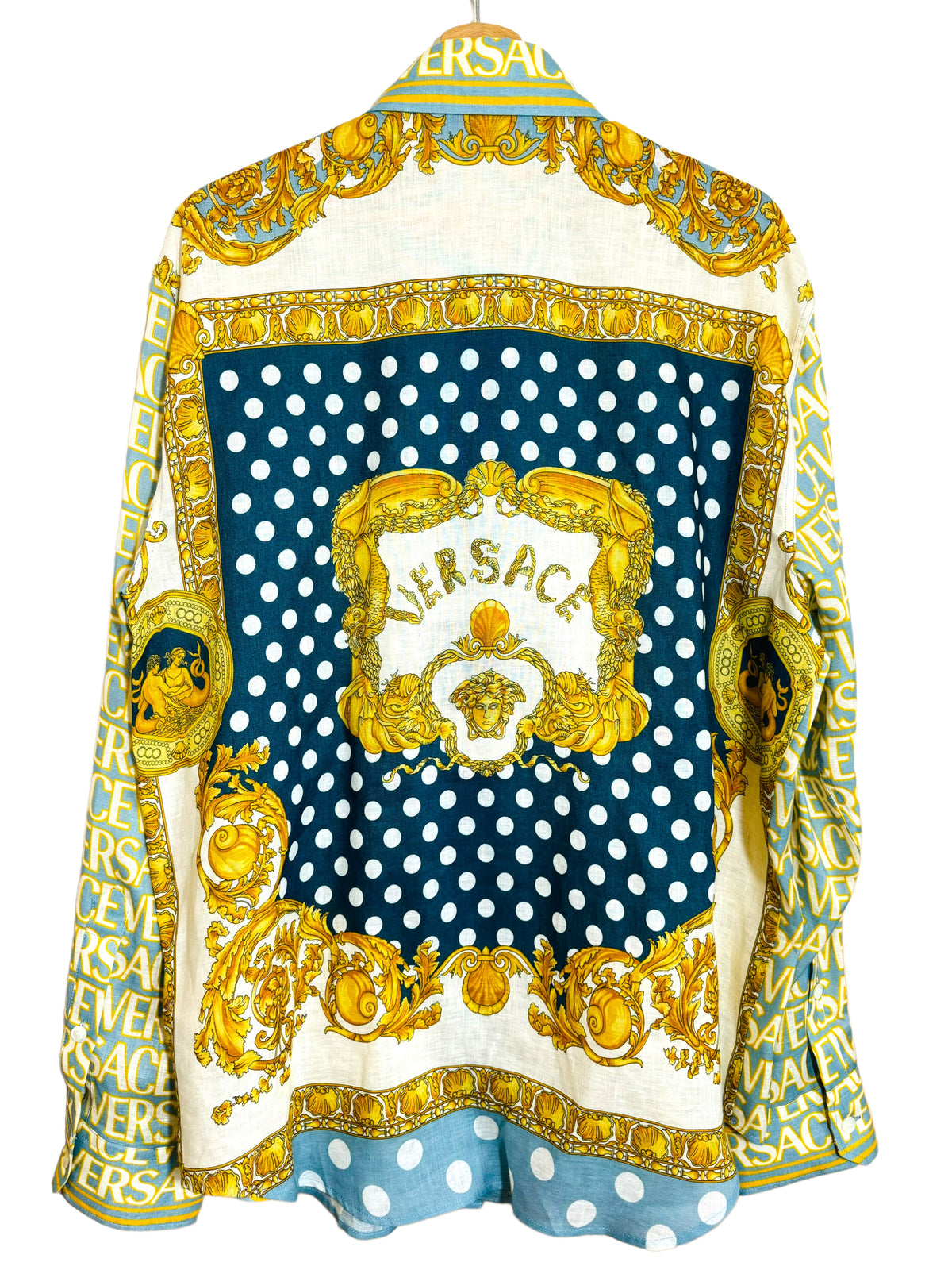 Camicia Versace heritage fit in lino stampa barocco e logo all over azzurro taglia L — foto 2