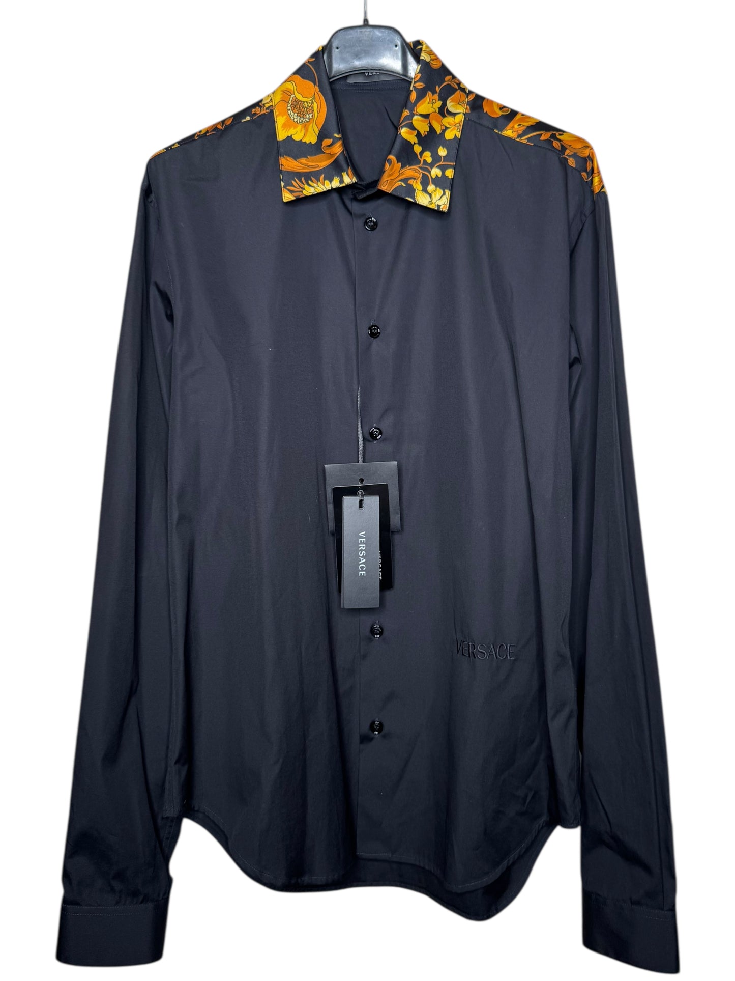 Versace Camicia Popeline Nera con Colletto e Spalle Stampa Barocco
