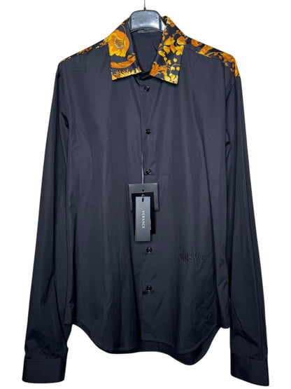 Versace Camicia Popeline Nera con Colletto e Spalle Stampa Barocco