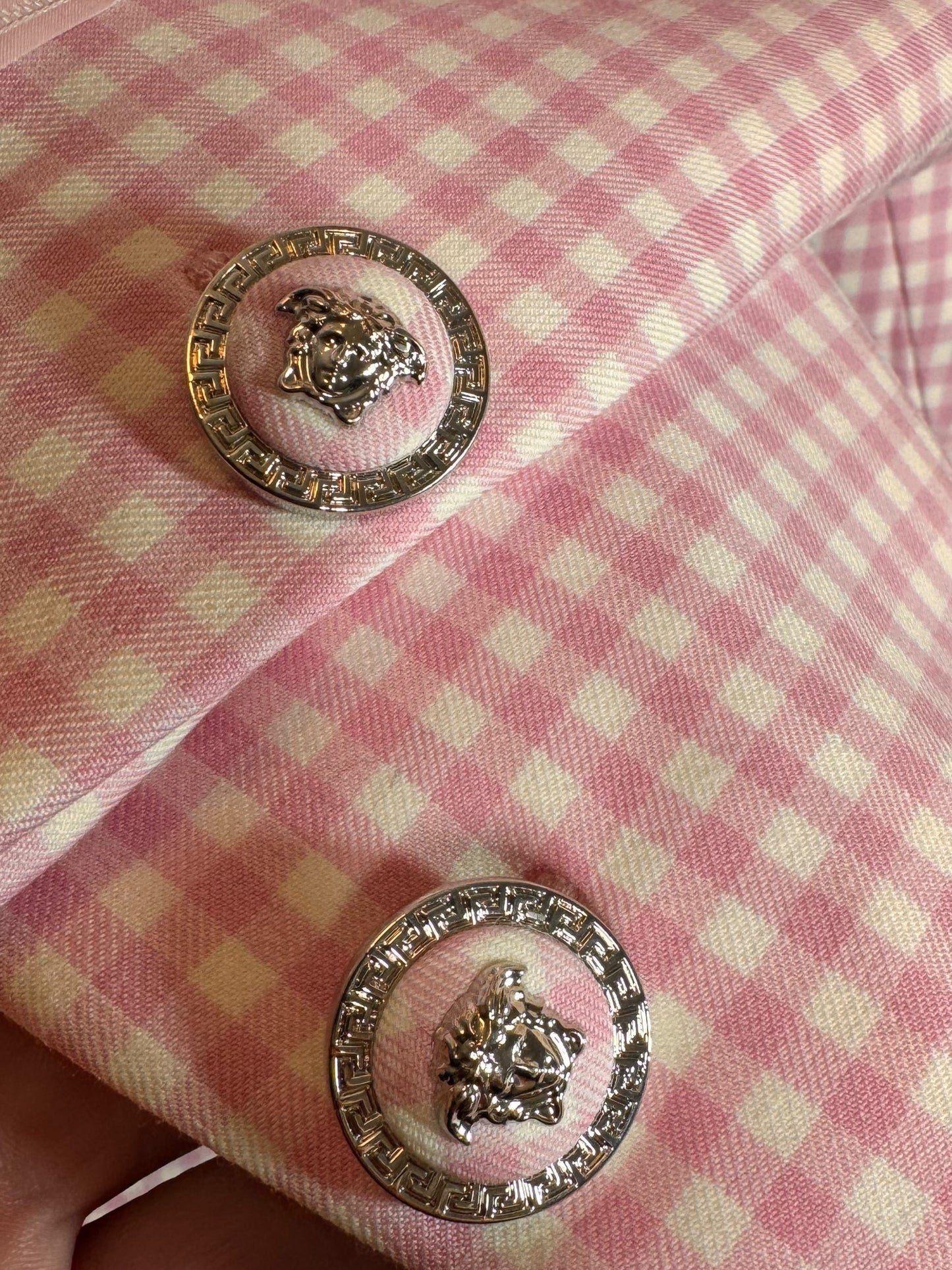 Blazer Versace donna lana vergine rosa vichy bottoni Medusa taglia 42 nuovo — foto 6