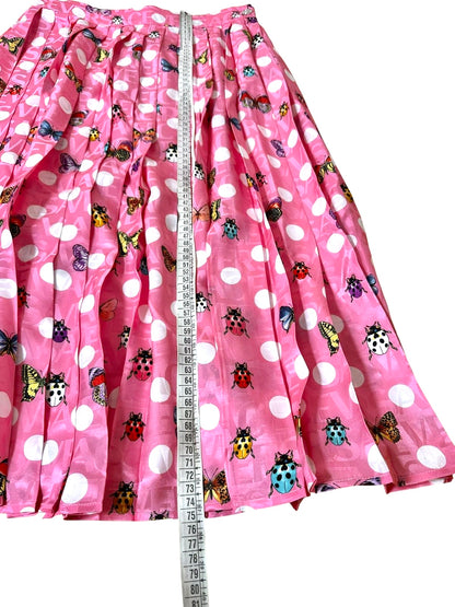 Versace gonna midi plissettata rosa con pois e stampa farfalle e coccinelle