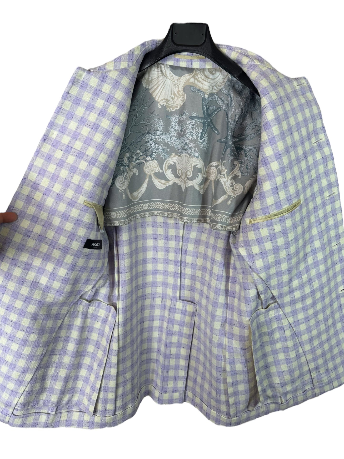 Versace completo uomo giacca e pantalone a quadri lilla/avorio Tg. 48 Made in Italy