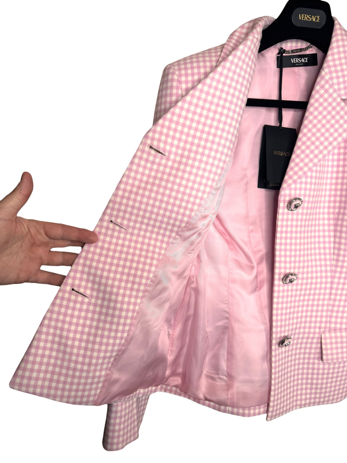 Blazer Versace donna lana vergine rosa vichy bottoni Medusa taglia 42 nuovo — foto 12