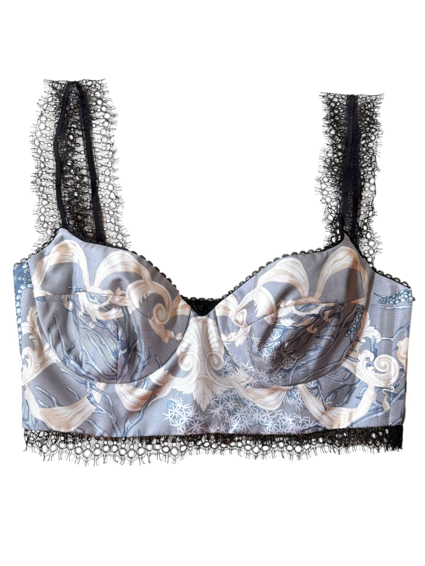 Versace Bra Top in Seta Twill Holiday Print con Pizzo Nero Made in Italy