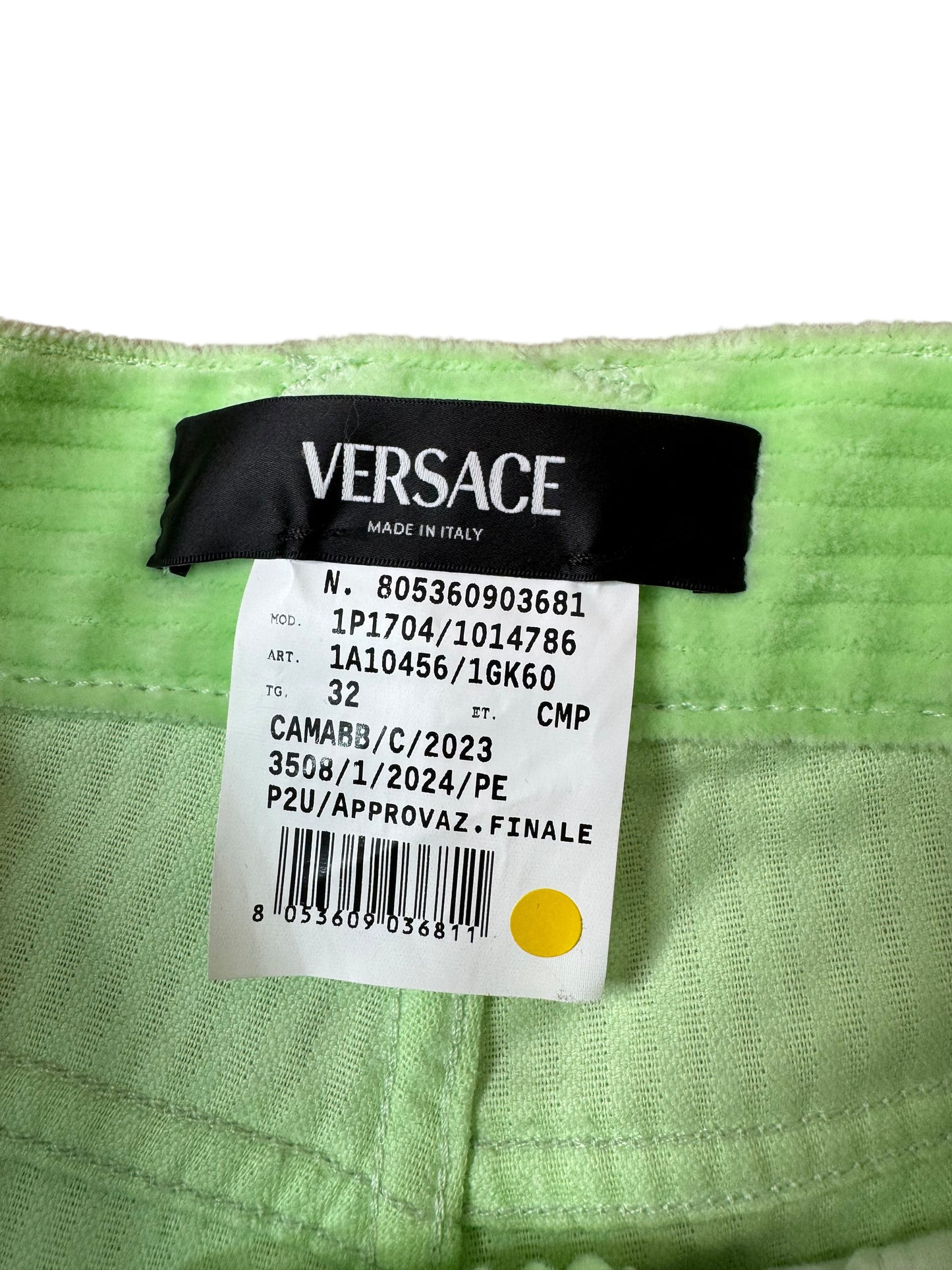 Versace completo giacca e pantaloni in velluto a coste verde lime Made In Italy.
