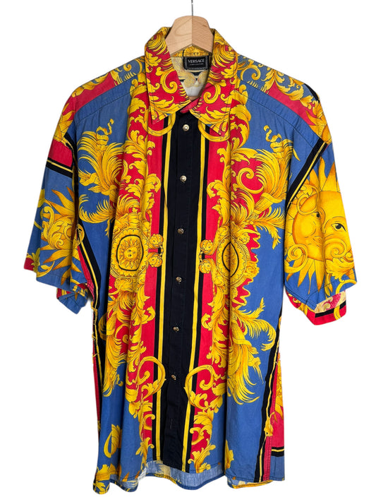 Versace vintage camicia barocco multicolor con stampa sole taglia M