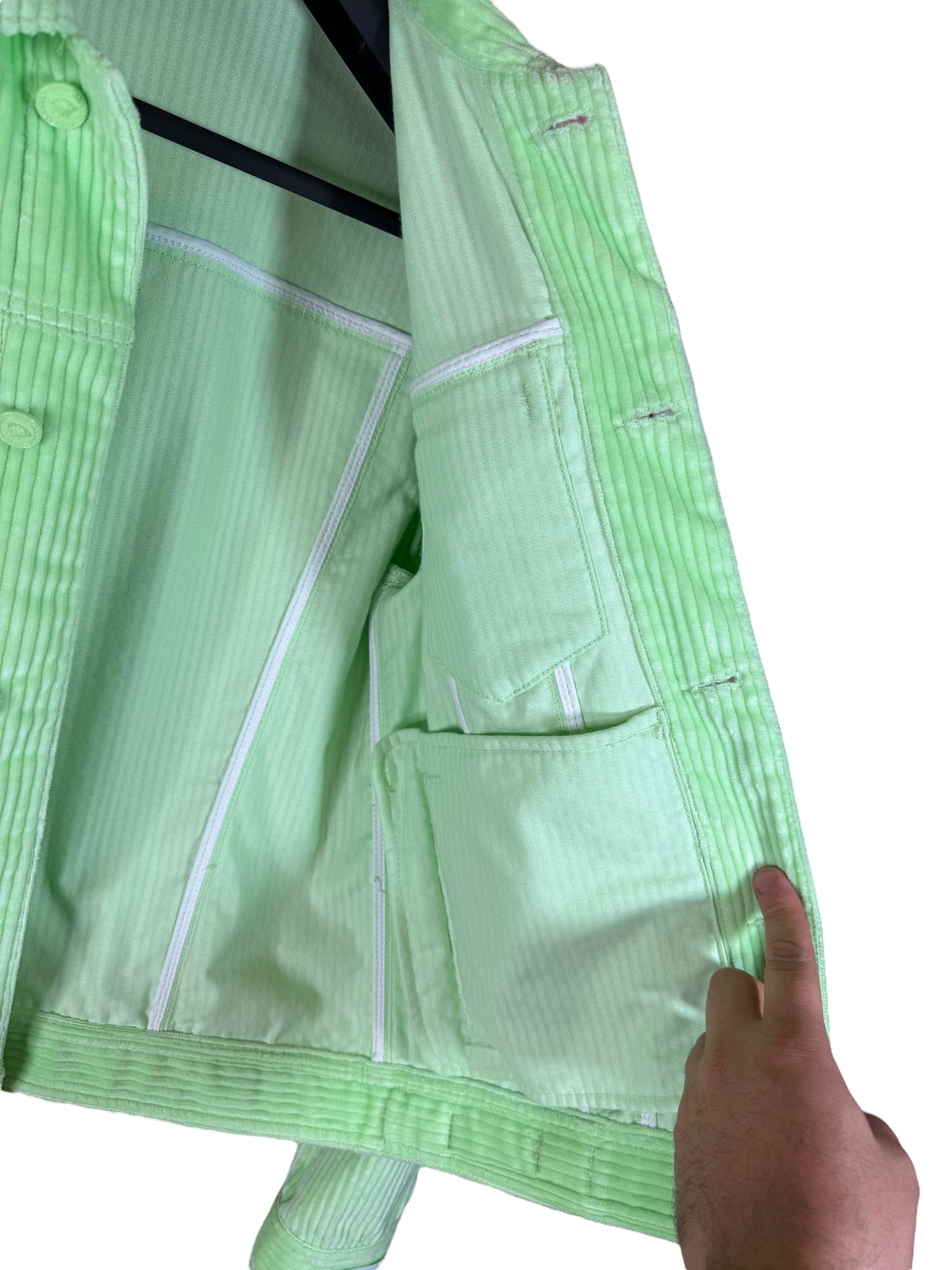 Versace completo giacca e pantaloni in velluto a coste verde lime Made In Italy.