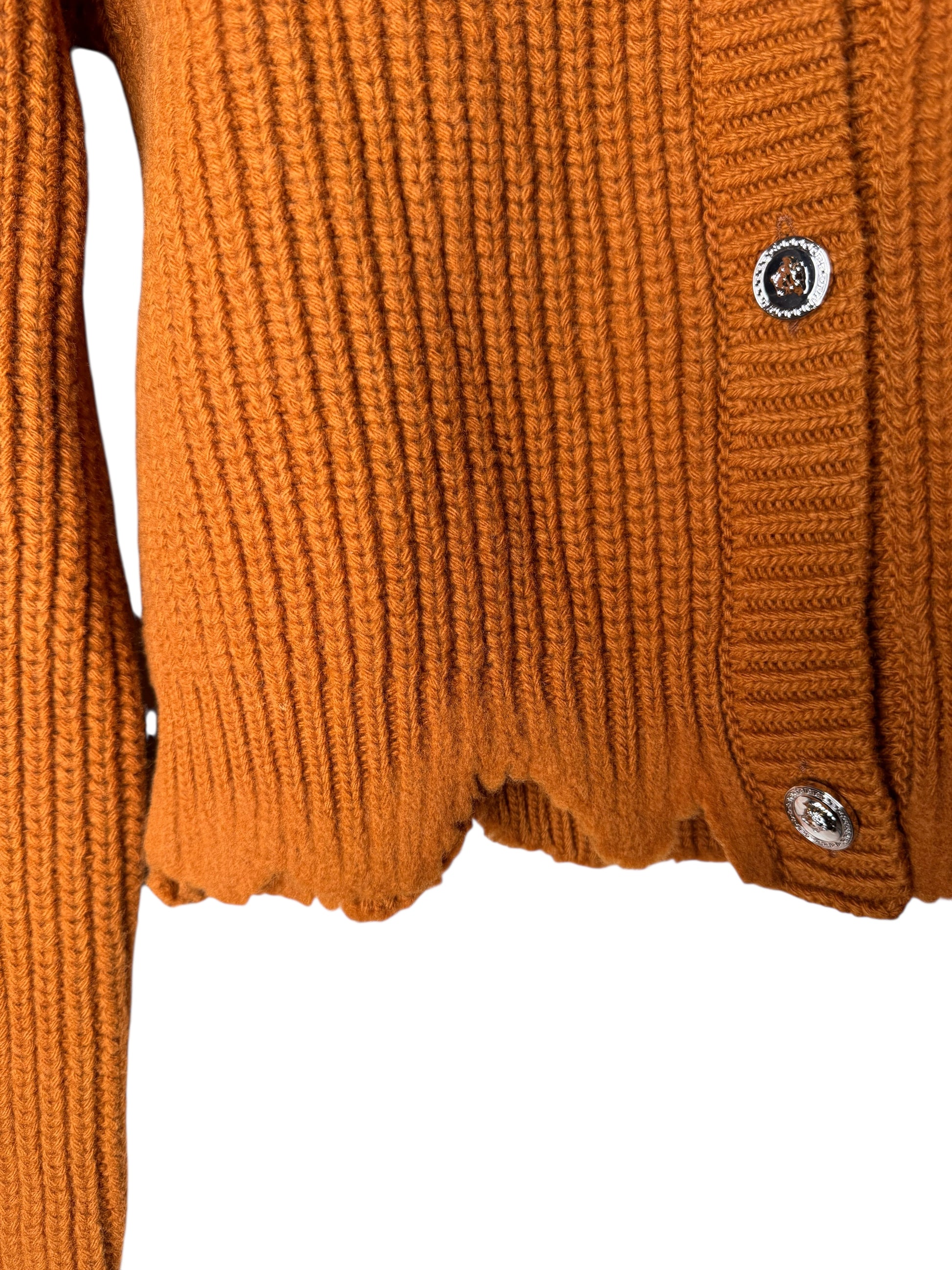 Cardigan Versace donna in lana 100% color cammello, bottoni Medusa, Made in Italy — foto 7