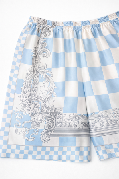 Shorts Versace in seta a quadri azzurri con cornice barocca - tg 56 — foto 2