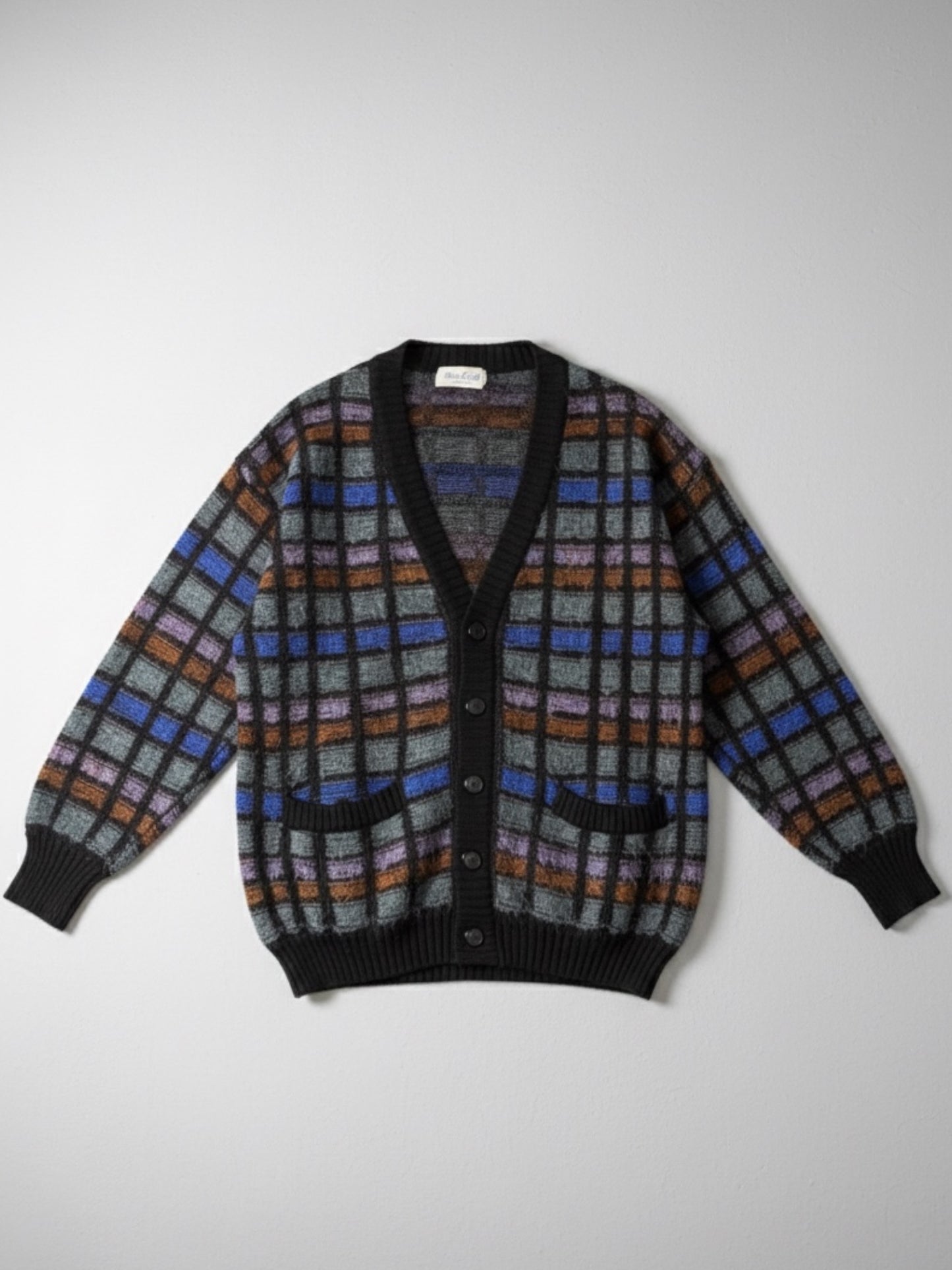 Cardigan Vintage a Quadri in Lana e Mohair – Taglia M