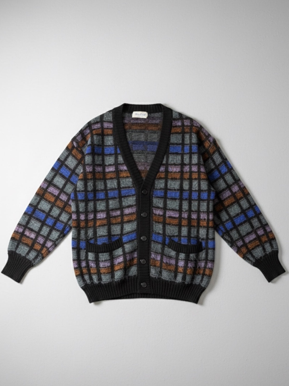 Cardigan Vintage a Quadri in Lana e Mohair