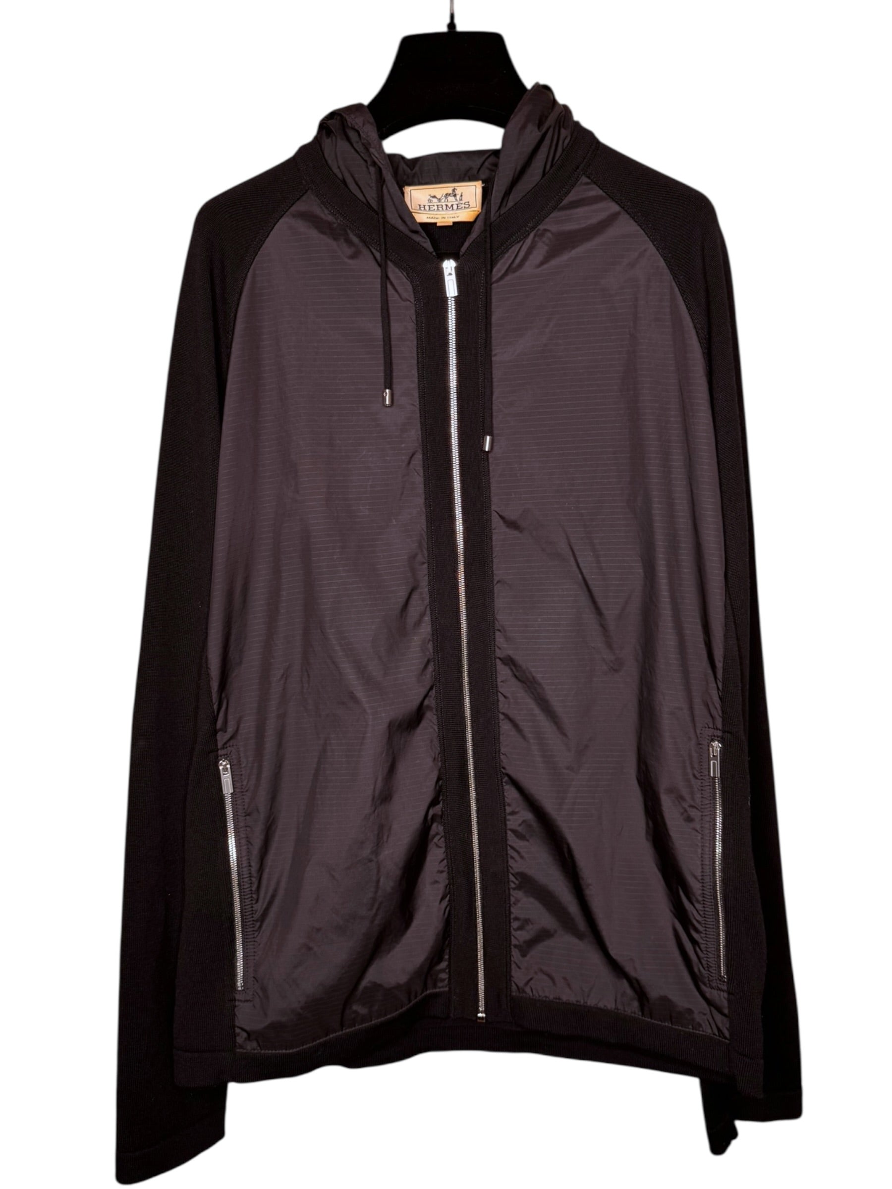 Hermès giacca con cappuccio lana e inserti tessuto tecnico nera zip frontale S — foto 16